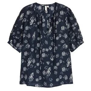Treasure & Bond Pleat Sleeve Peasant Blouse Sz XS/Extra Small in Navy Floral NWT